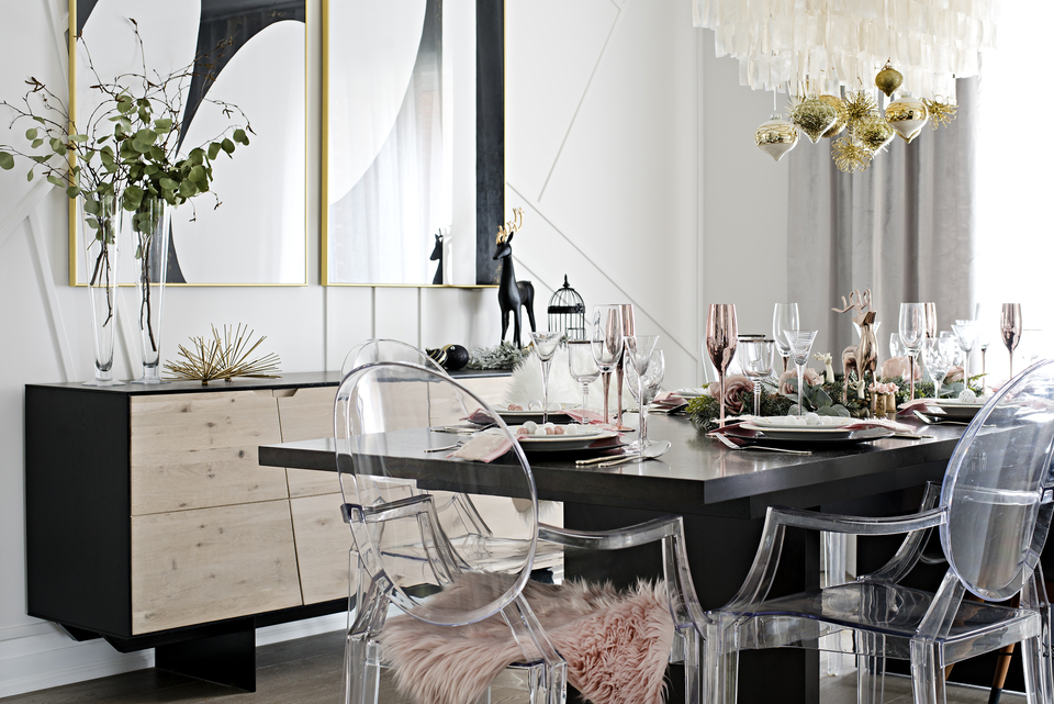 Holiday styled table in chic modern dining room