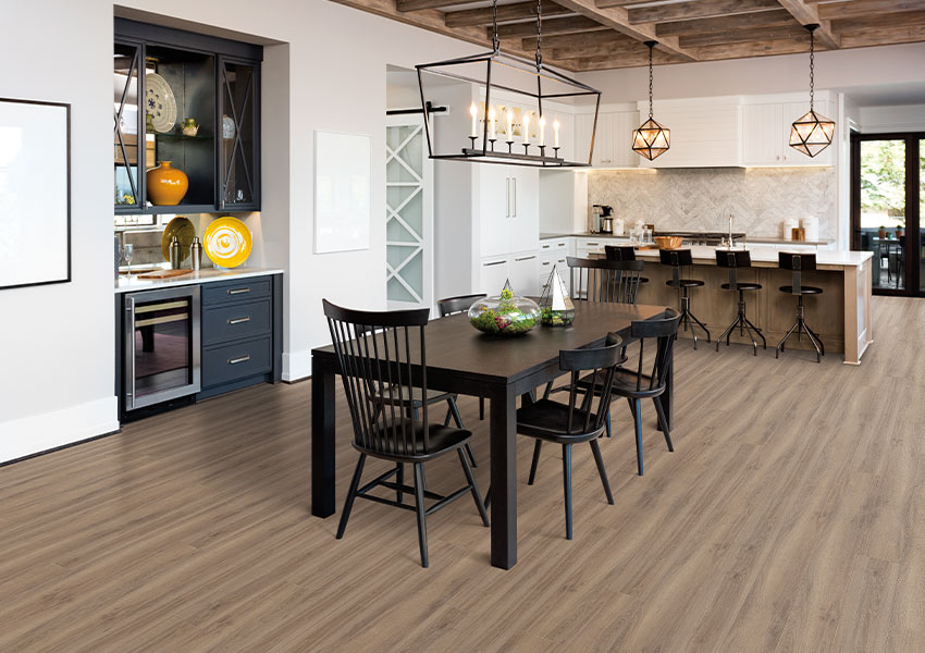 luxury vinyl plank flooring in modern farmhouse dining room and kitchen